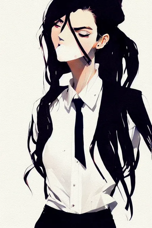 Image similar to a ultradetailed full body portrait of a woman dressed in a white shirt with a tie, by conrad roset, greg rutkowski and makoto shinkai trending on artstation