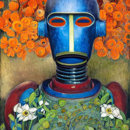 Image similar to painting of an android robot wearing a mask made of flowers, by annie swynnerton and diego rivera and ( ( tino rodriguez ) ), symbolist, dramatic lighting, elaborate geometric ornament, art brut, soft cool colors, smooth, sharp focus, extremely detailed, adolf wolfli