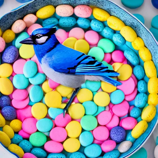 Prompt: A blue jay standing on a large basket of rainbow macarons, DSLR photo, 8k,