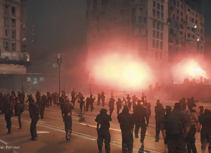 Prompt: crowd of working citizens protests war being dispersed by police while missles and bombs explode buildings in the city, DSLR 35mm, by WLOP and Aleksandr Deyneka and Andrei Popov, Unreal Engine 5, Lumen, Nanite
