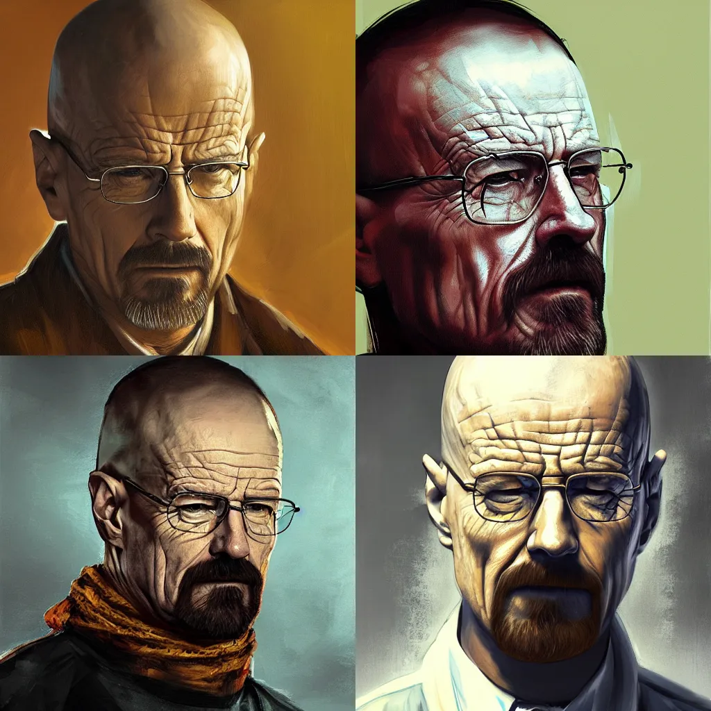 Prompt: A hyperdetailed digital oil portrait painting of Walter White wearing an arab shemagh in the style of Guy Denning and Ruan Jia. Trending on ArtStation and DeviantArt. Digital art.
