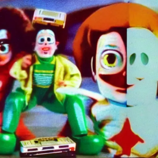 Image similar to vhs footage of an 8 0 s toy commercial of a super creepy toy