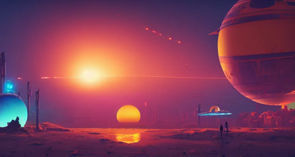 Image similar to Double Sunset on a mechanical neon planet, large twin sunset, cinematic, rendered by simon stålenhag, rendered by Beeple, Makoto Shinkai, syd meade, star wars, inspired by Gundam, environment concept, digital art, unreal engine, 3 point perspective, WLOP, trending on artstation, low level, 4K UHD image, octane render,