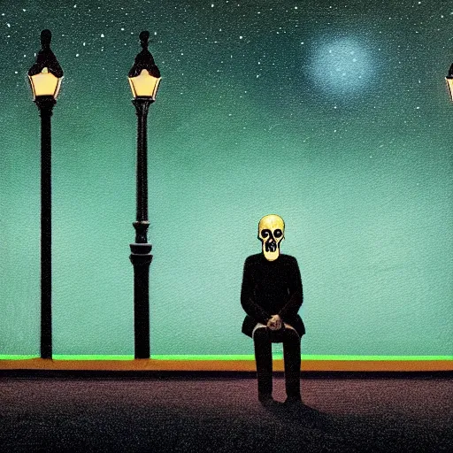 Prompt: a portrait painting of a lonely man with a skull as his head waiting for the bus at night, green dramatic and cinematic light from the streetlight, the sky is full of stars, in the style of edward hopper, 4 k,