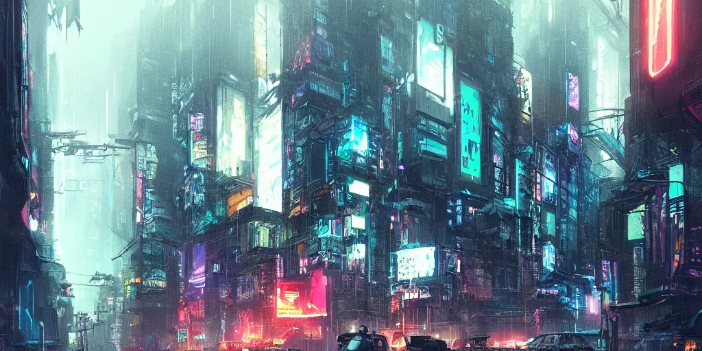 Prompt: Scene of a cyberpunk city in the rain during midnight, neon glow, 4k, cozy wallpaper, trending on Artstation, award-winning, art by Greg Rutkowski
