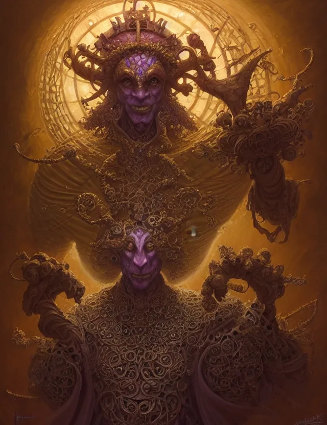 Image similar to front shot of a court jester character, hyperdimensional, bioluminescent hypercubes, ((intricate)), elegant, highly detailed, centered, (((artstation, concept art, smooth, sharp focus, artgerm, Tomasz Alen Kopera, Peter Mohrbacher, donato giancola, Joseph Christian Leyendecker, WLOP, Boris Vallejo))), mugshot!!!!!, ugly!!!!!!, octane render, nvidia raytracing demo, grainy, muted, 8K, digitalblasphemy