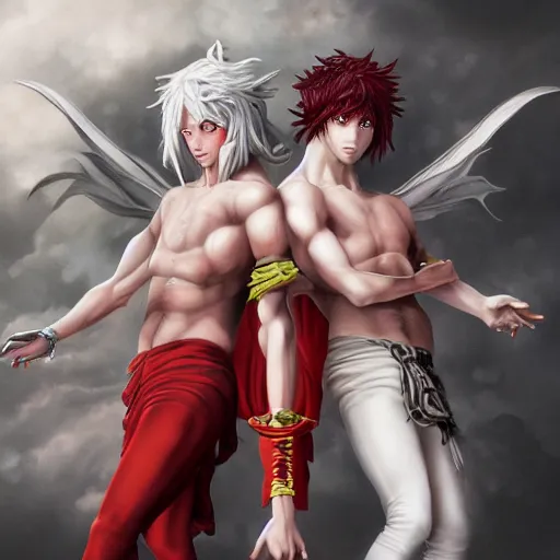 Image similar to Epic rococo painting of two young identical twins males, with white skin, long white hair and red eyes. Wearing red clothes. Middle age. Shin megami tensei style, ultra-detailed. Anime, pixiv, UHD 8K CryEngine, octane render