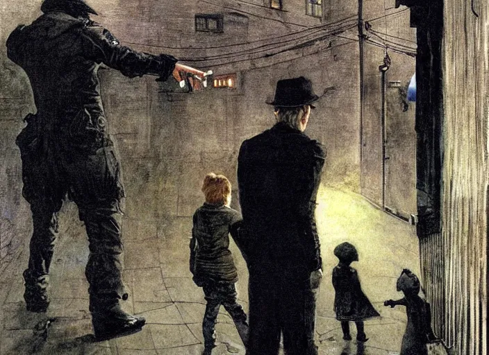 Image similar to dark alley with a poor child being arrested by a futuristic cop with children all around him, painting by andrew wyeth and alan lee, very detailed, somber mood,