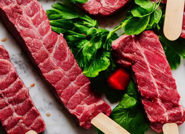 Prompt: dslr food photograph of raw steak popsicle, 8 5 mm f 1. 8