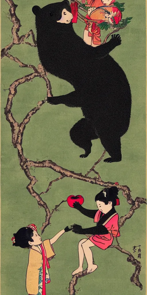 Prompt: anthropomorphic asian black bear lifting up a small girl wearing a kimono to pick an apple from a branch above their heads, in the style of top 1 0 japanese artists