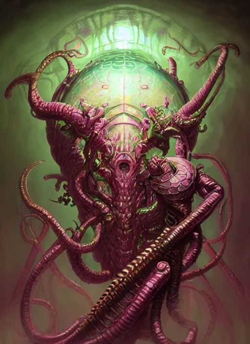 Image similar to dark lovecraft horror machine glowing reptile eyes, pink and green metal armor, elegant, highly detailed, centered, digital painting, artstation, concept art, smooth, sharp focus, illustration, artgerm, tomasz alen kopera, peter mohrbacher, donato giancola, joseph christian leyendecker, wlop, frank frazetta