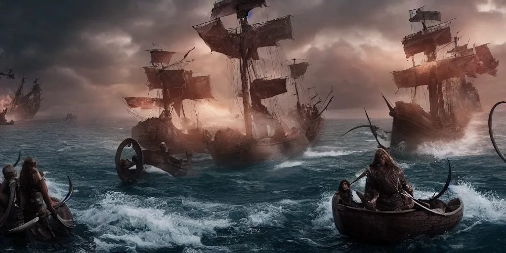 Prompt: Vikings versus the kraken, the last stand, Epic Background, highly detailed, sharp focus, 8k, 35mm, cinematic lighting