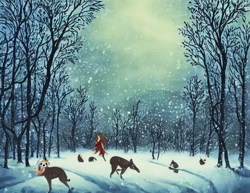 Prompt: lush chia animal frolicking in snowy woods, stormy skies. russian fairytale art, gouache, dynamic composition, backlighting