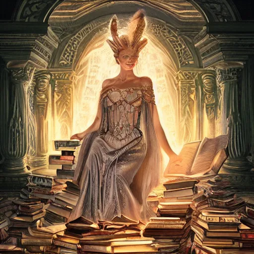 Image similar to a portrait of a older anya taylor - joy as the goddess minerva surrounded by stacks of books, bioluminescent gown with deep level of detail of esoteric symbols, urban motifs, intricate, elegant, highly detailed, digital painting, trending on artstation, concept art, smooth sharp focus, illustration, art by artgerm and greg rutkowski