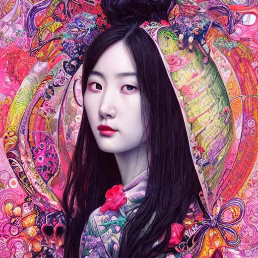 Prompt: portrait of liu yifei, hyper detailed masterpiece, neon floral pattern, jean giraud, digital art painting, darkwave goth aesthetic, psychedelic, artgerm, donato giancola and tom bagshaw