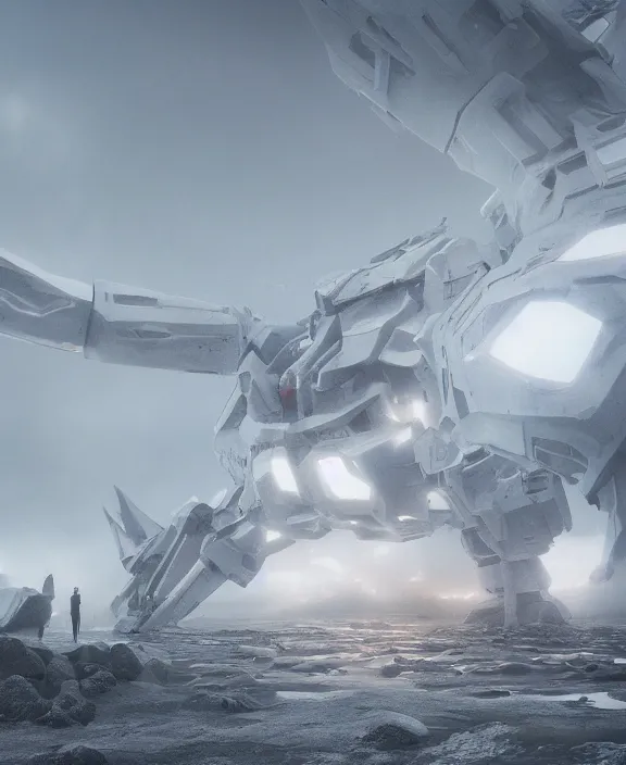 Prompt: surreal romantic covenant deformation horizontal gundam building, futuristic berserk white architecture in the beach in iceland, foggy, highly detailed, digital painting, arstation, concept art, hyperealistic octane render, unreal engine, by ruan jia