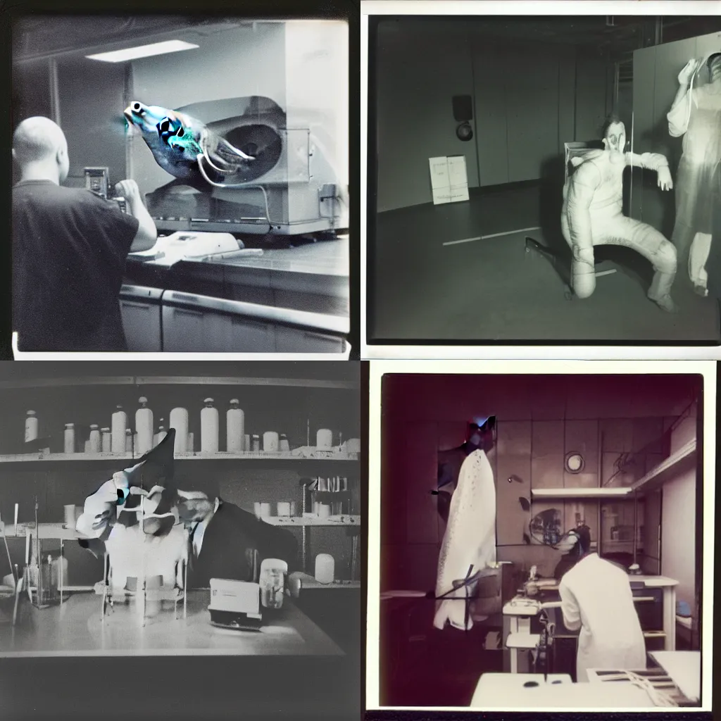 Prompt: Half man, Half Whale in a laboratory, polaroide photo 1960's