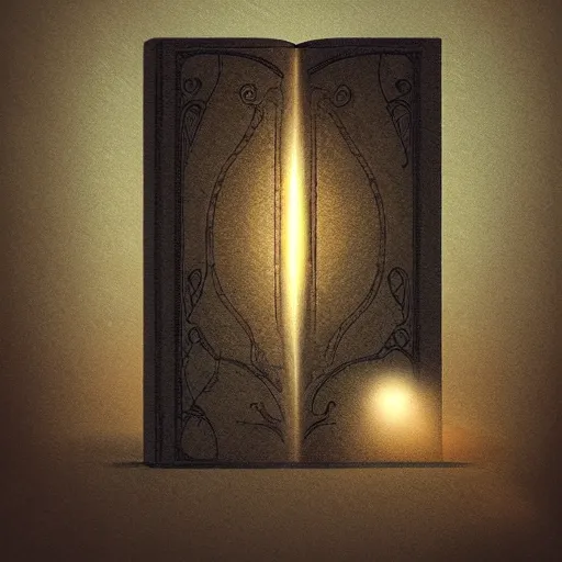 Image similar to light falling on a mythical book in dark background, dark color scheme, artstation