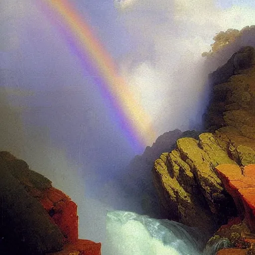 Prompt: A waterfall on a canyon with a rainbow in the sky detailed painting beautiful artwork by Ivan Aivazovsky