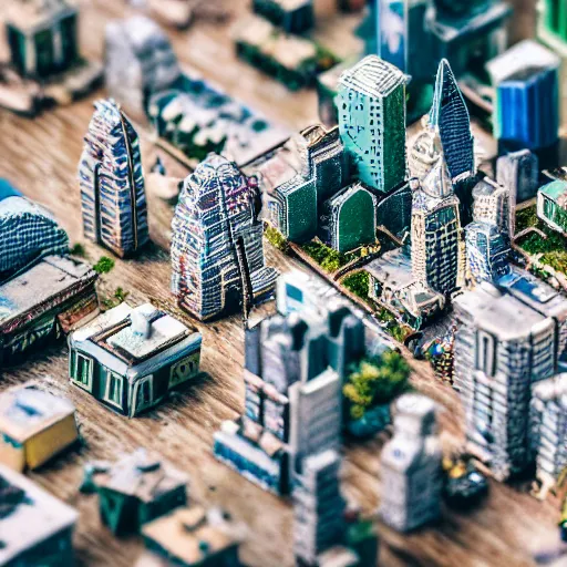 Prompt: macro photo of a miniature secret hidden world with tiny buildings and people covered in milk