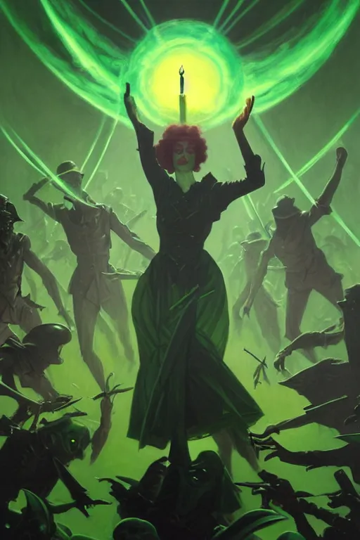 Image similar to the dark magician directs an army of the undead to the light one in a green acid fog, futurism, painting by greg rutkowski, j. c. leyendecker, artgerm