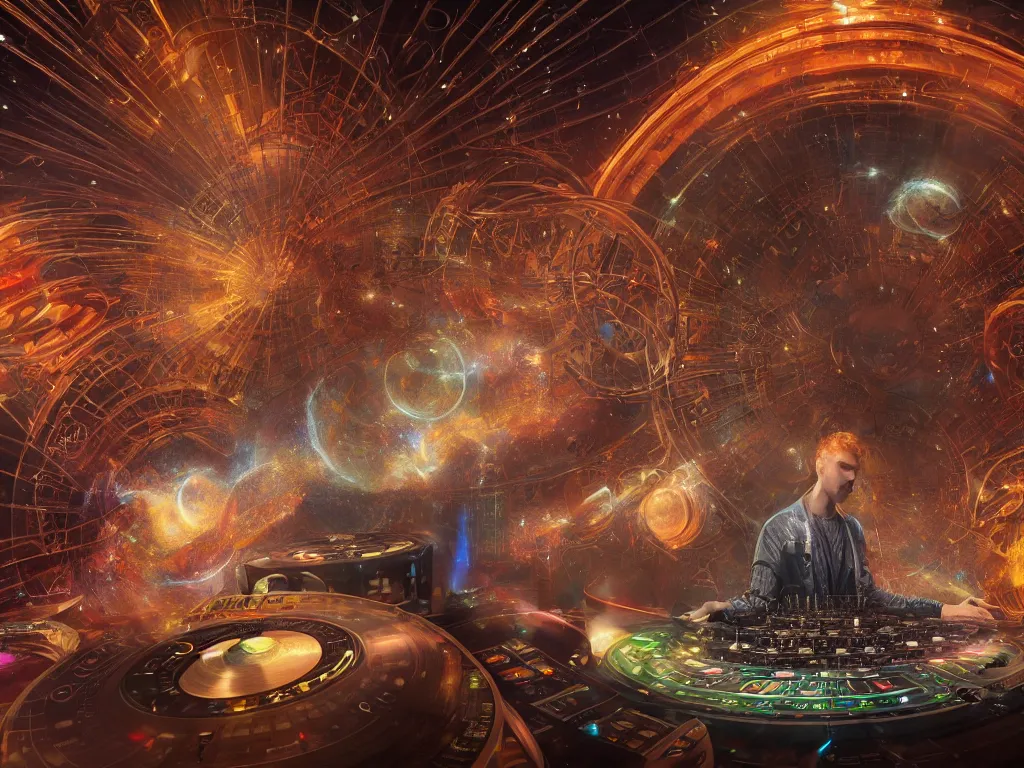 Image similar to an incredible masterpiece of a mystical dj playing a vast array of highly evolved and complex musical technology surrounded by an incredible and complex circular structure in the cosmos, by karol bak, octane render, 8 k