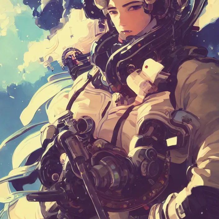 Image similar to anime portrait space pirate captain, futuristic science fiction, mucha, hard shadows and strong rim light, art by jc leyendecker and atey ghailan and sachin teng