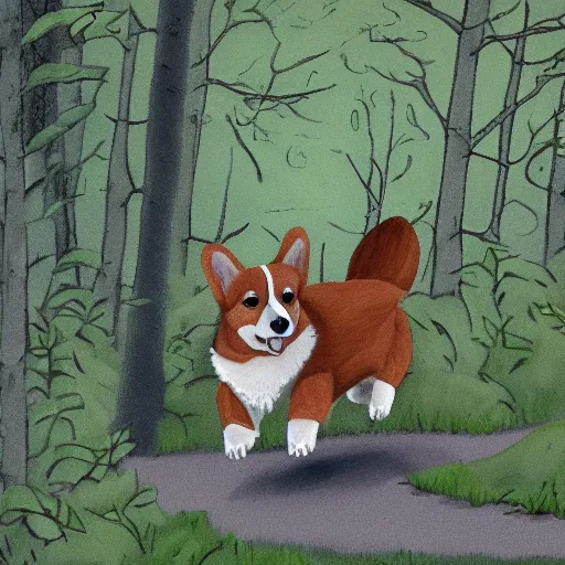 Prompt: A corgi running through trees by Paul Atreides