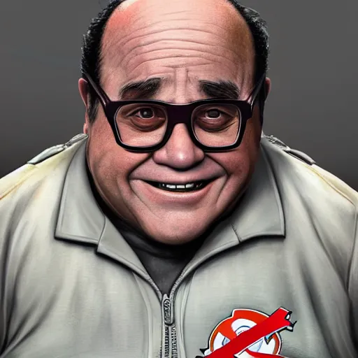 Image similar to hyperrealistic danny devito wearing ghostbusters outfit, stunning 3 d render inspired art by xiang duan and thomas eakes, perfect facial symmetry, hyper realistic texture, intricate, photorealistic, highly detailed attributes and atmosphere, dim volumetric cinematic lighting, 8 k octane detailed render, trending on artstation, masterpiece,
