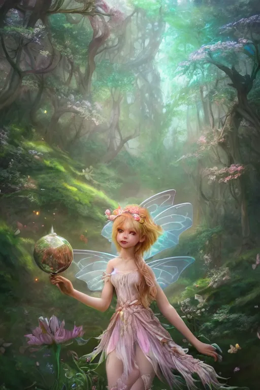 Image similar to a cute and geogerous fairy in the dreamy forest, fantasy, dreamlike, 8 k resolution, hyper detailed, d & d, character design, digital painting, trending on artstation, sharp focus, illustration, art by viktoria gavrilenko, hoang lap, fuji choko, steve zheng,