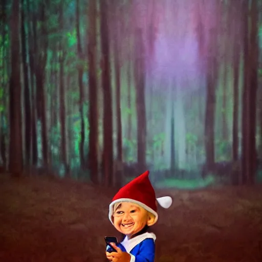 Prompt: a bad quality phone recording of a small person with a smile in his face dressed as a gnome peeking behind a tree, forest trail, night time, bright camera flash, camera shaking, realistic, phone recording, bad quality, 480p, scary