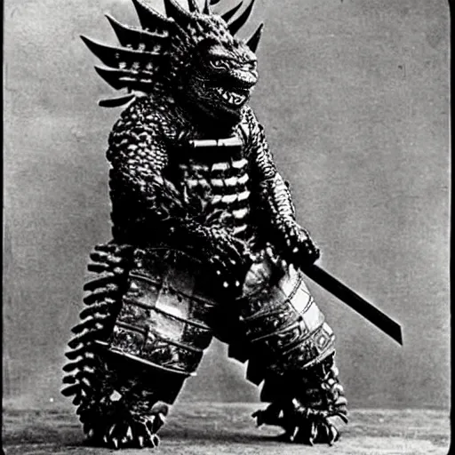 Image similar to “Godzilla in full samurai armour, 1900’s photo”