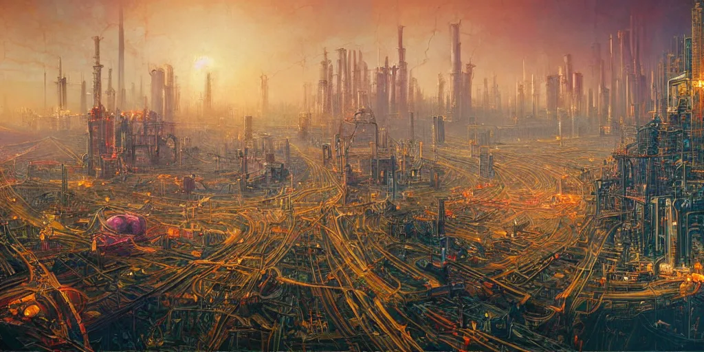 Prompt: beautiful Veduta painting synthwave painting of a beatiful scenic rpg map with factories, highways, skyscrapers, oil refineries, installations, neon signs by Esao Andrews and Peter Gric and Hieronymus Bosch and De Es Schwertzberger