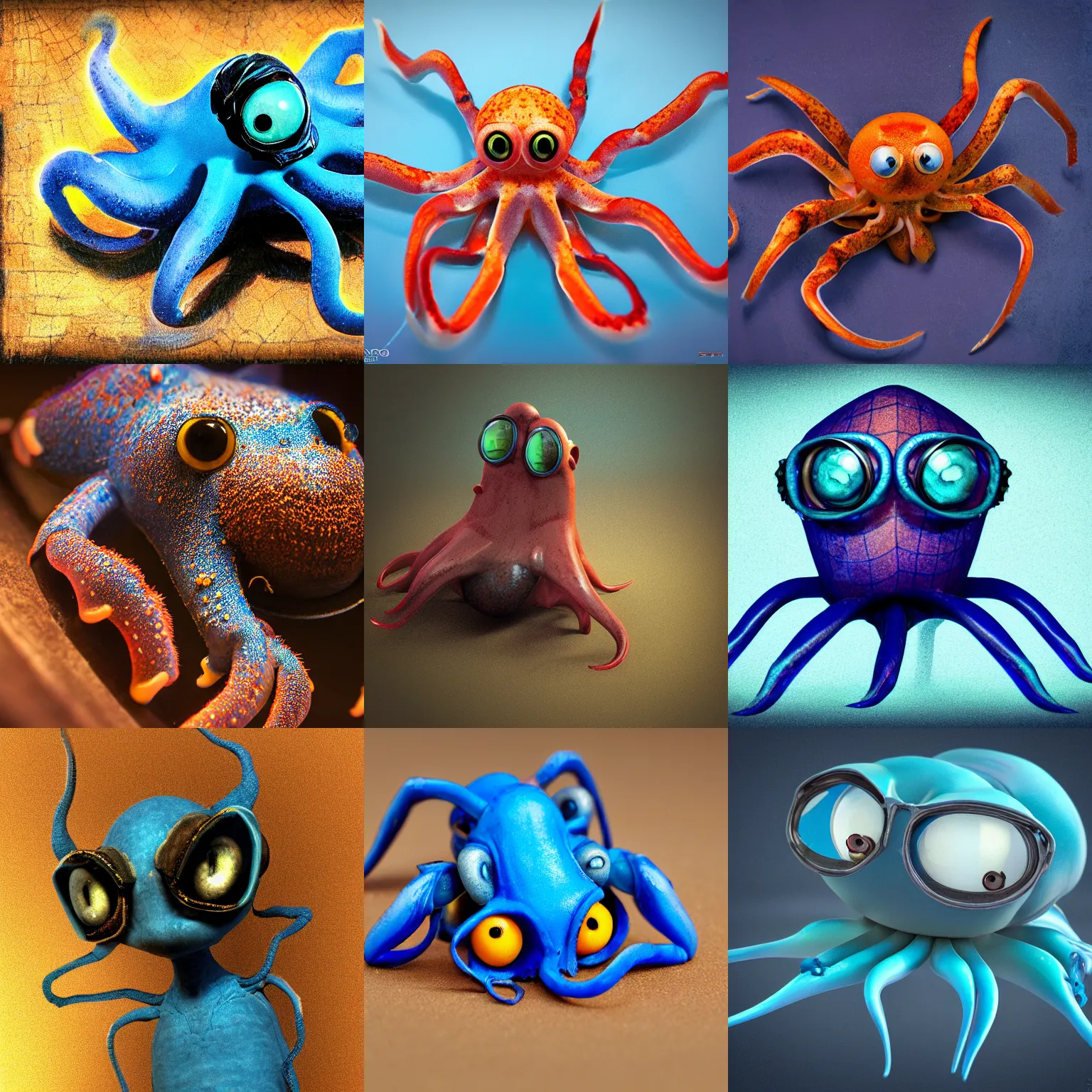 Prompt: portly spider - squid piglet explorer, six eyes, cerulean blue and burnt sienna, tonalist portrait, 3 / 4 lighting, subsurface scattering, rim light, rococo, baroque, american realist, shallow depth of field, bokeh effect, ambient occlusion