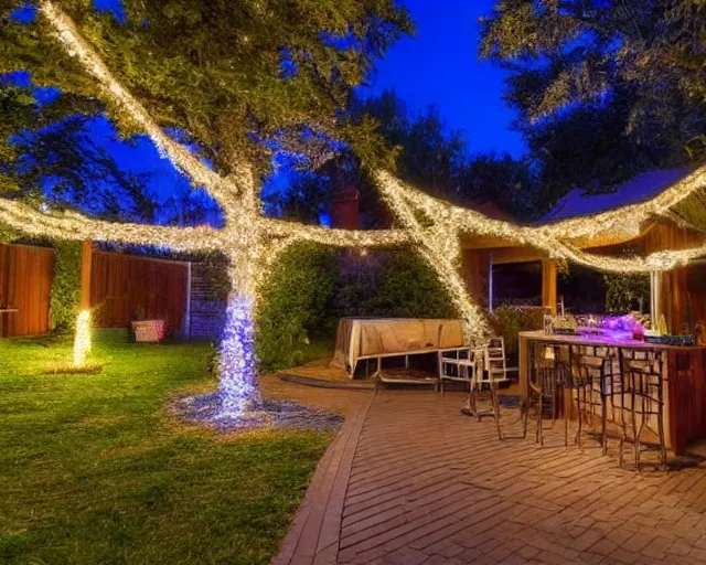 Prompt: a still photo of a backyard at night with fairy lights, house terrace on the side, warm lighting
