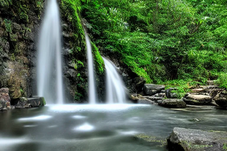 Prompt: A soothing menthol waterfall and hotspring, digital art