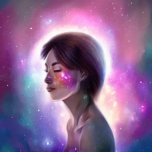Image similar to beautiful digital painting of woman with freckles and hair made of galaxy nebula, by bearbrickjia,
