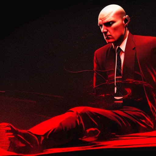 Prompt: a portrait of agent 4 7 laying down listening to music in front of large stereo speakers, black background, red rim light, highly detailed, smooth, sharp focus, art by maciej kuciara