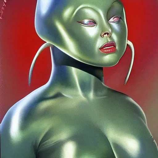 Image similar to beautiful Whitley Streiber Roswell grey alien extraterrestrial species female babe in a tight fitting silver metallic bikini spacesuit, , big pear-shaped head, green skinned, big black almond shaped alien eyes by Mort Kunstler and Gil Elvgren