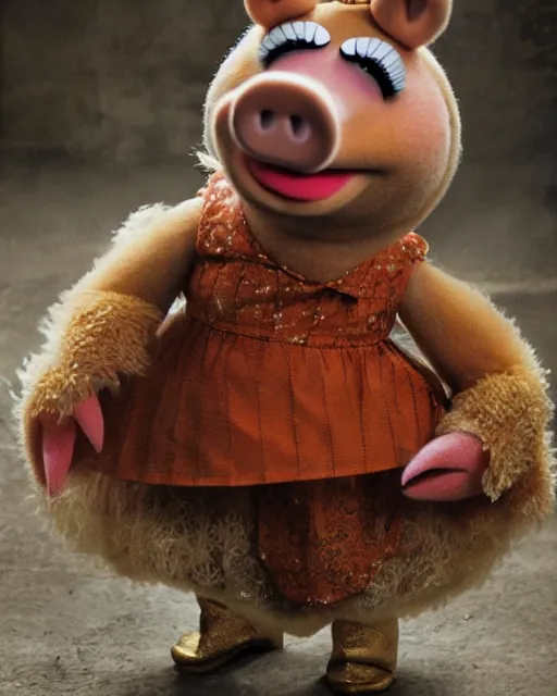Image similar to Miss Piggy visits a Slaughterhouse, photorealistic, photographed in the style of National Geographic, The Muppets
