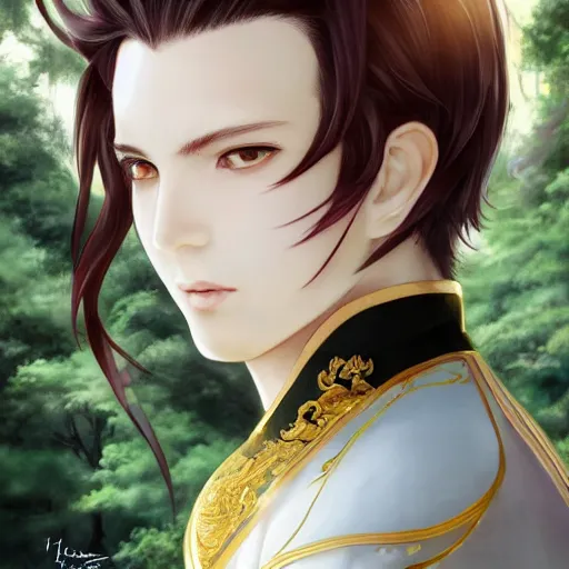 Image similar to a young beautiful prince, golden eyes, long black hair, white hanfu, elegant, intricate, backlit, incredible lighting, strong rim light, subsurface scattering, photorealistic anime, epic beautiful landscape, cherry trees, highly detailed, digital painting, by Heise Jinyao, Heise-Lian Yan Fang, Feimo, Rossdraws, Sakimichan HDRI, vivid colors, high contrast, trending on artstation 8k