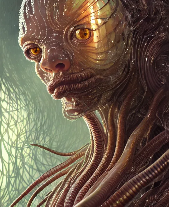 Image similar to intricate ornate opulent transparent clear see - through portrait of a terrifying beautiful male alien centipede, mottled coloring, adorable, childlike, overgrown jungle environment, ultra realistic, concept art, art nouveau, photorealistic, octane render, 8 k, unreal engine. art by christopher marley and artgerm and greg rutkowski and alphonse mucha