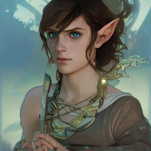 Prompt: Stunning portrait of a young slightly feminin Link from the Legend of the Zelda. Art by Greg Rutkowski and Alphonse Mucha