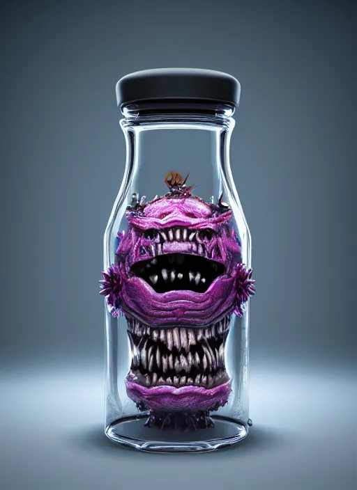 Prompt: magic glass flasks small anthropomorphic monster with face made of flower of sharp teeth inside, realistic, intricate, rendered in octane caustics subsurface scattering render 8 k