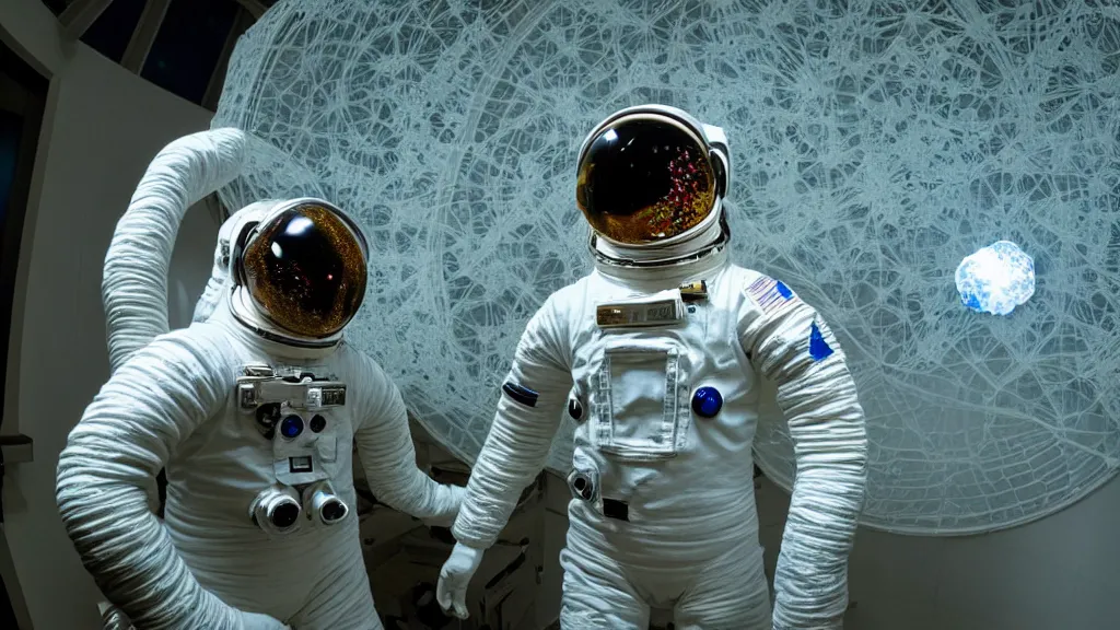 Image similar to a single astronaut eva suit made of diamond 3d fractal lace iridescent bubble 3d skin and covered with insectoid compound eye camera lenses floats through the living room, film still from the movie directed by Denis Villeneuve with art direction by Salvador Dalí, wide lens,