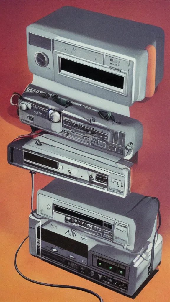 Prompt: 1 9 8 0 s airbrush surrealism illustration of a radio by dennis magdich