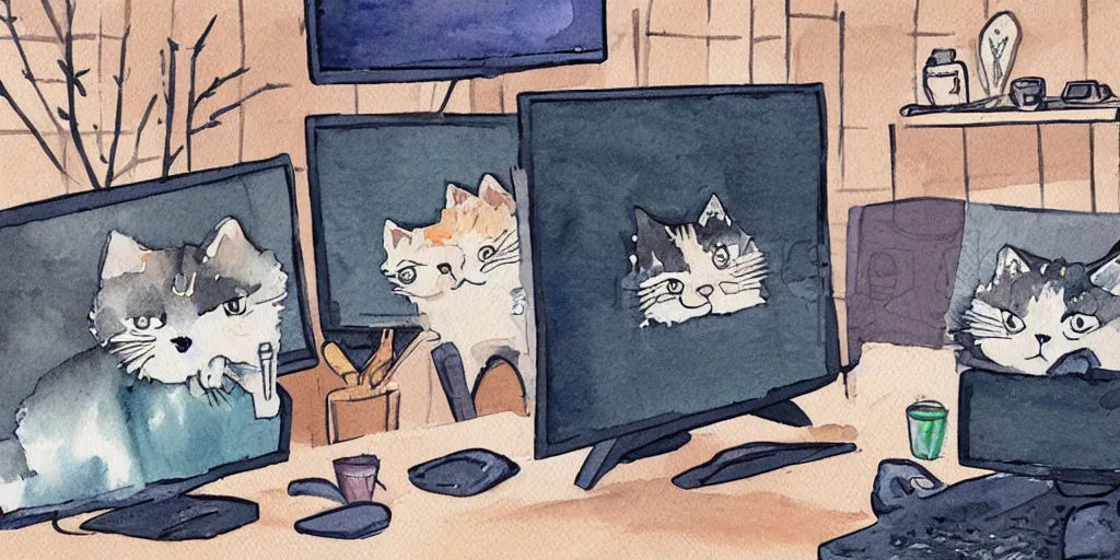 Prompt: watercolor illustration style, cute cats watch the news in computer monitor