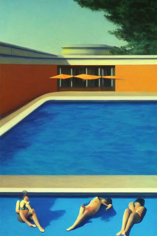 Image similar to liminal vaporwave summer swimming pool surrealism, painted by Edward Hopper, airbrush