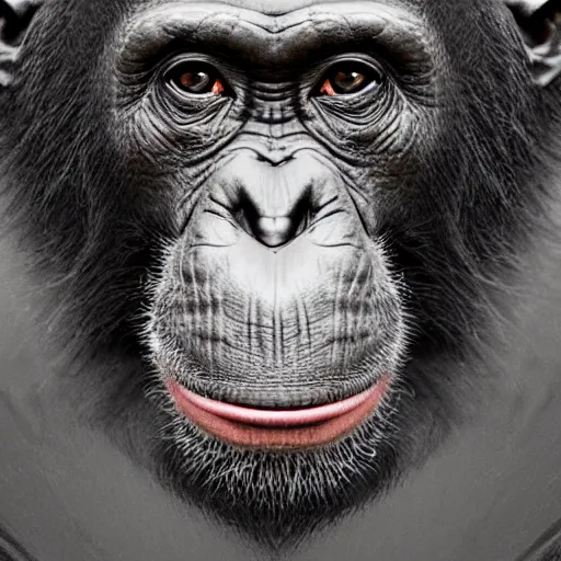 Image similar to a high detail closeup photograph of a chimpanze wearing a suit 👔, award wining photograph, digital art