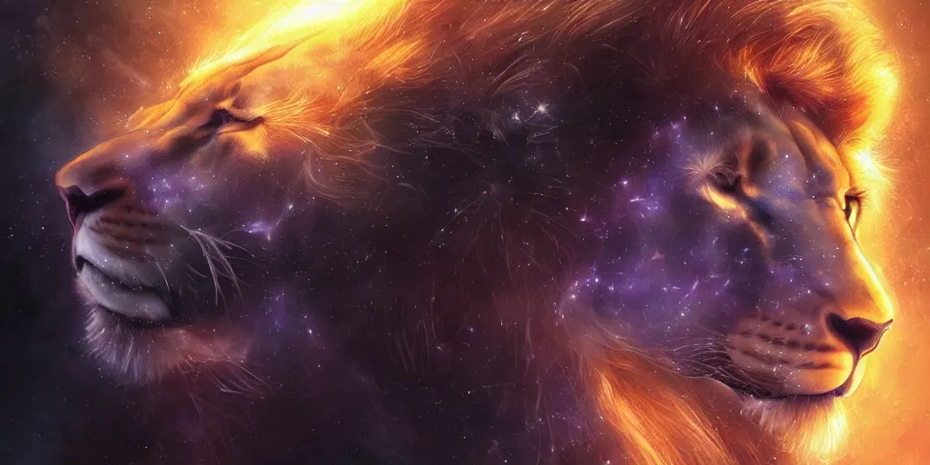 Image similar to great cosmic lion basked in dark matter in space, concept art, digital illustration, trending on artstation, deviantart, artgerm, epic composition, masterpiece, highly detailed, advanced technique, ambient lighting, wlop, ross draws